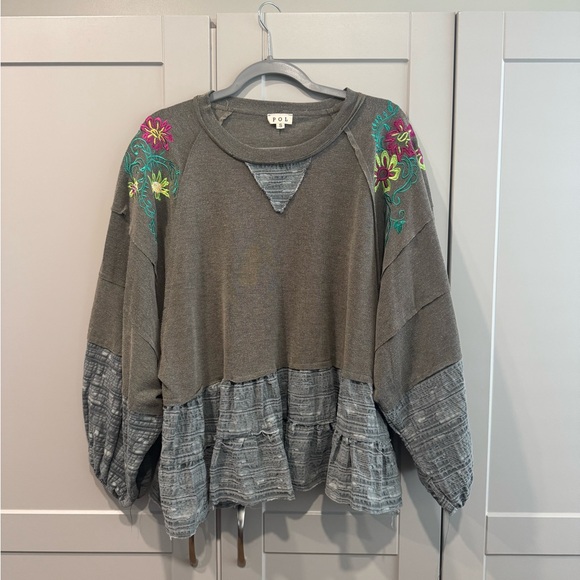 POL Tops - POL Gray Blouse with Colorful Embroidery